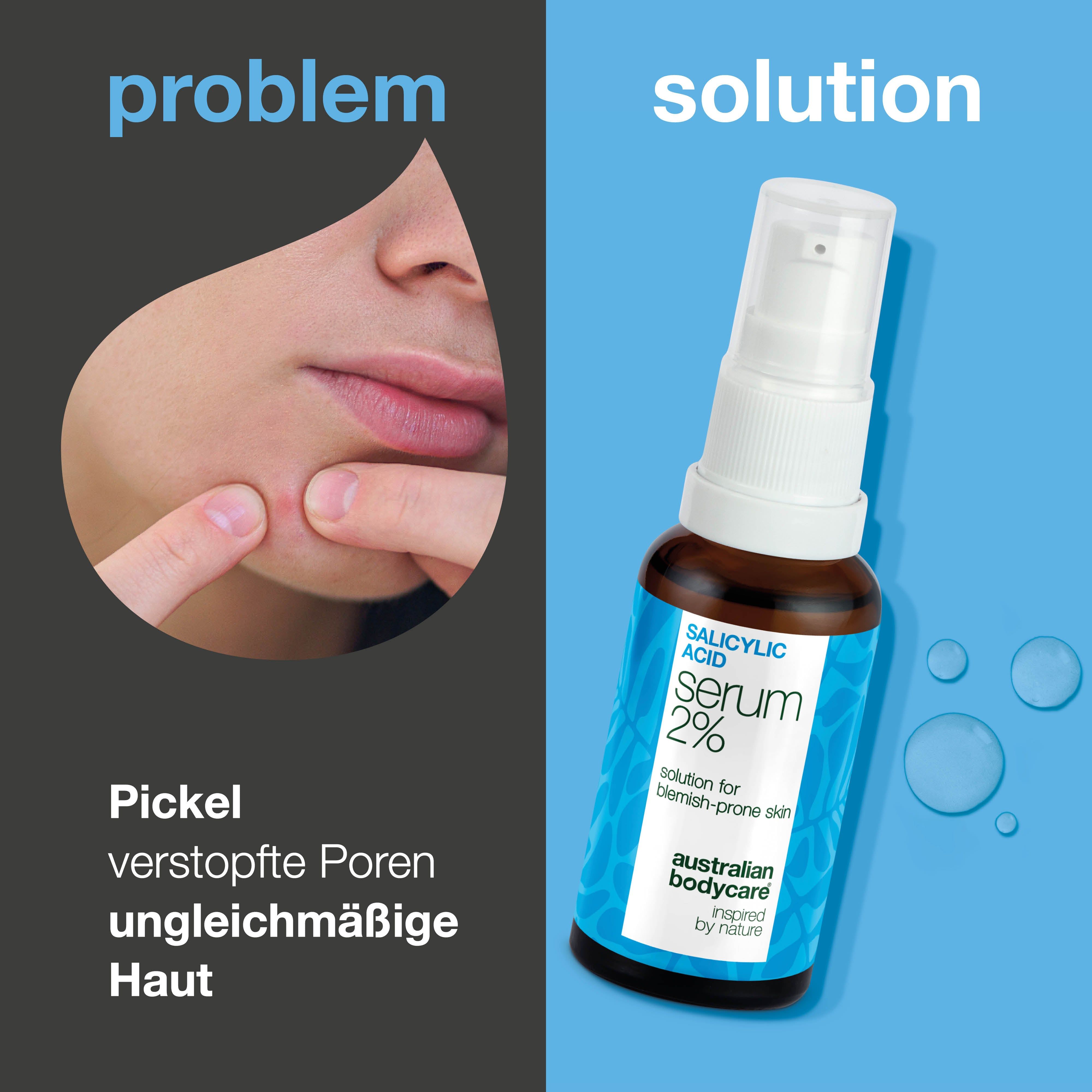 Gesicht mit Pickeln, daneben Flasche mit Serum. Text: Salicylic Acid Serum 2%, australian bodycare.