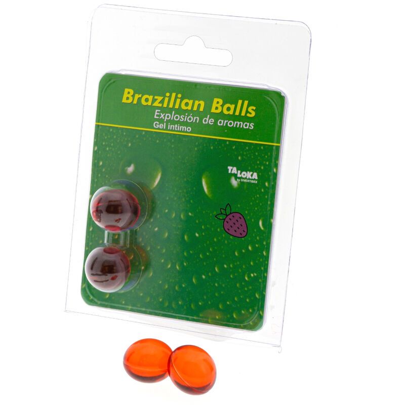 Zwei rote Kugeln und zwei orangefarbene Kapseln in Blisterverpackung. Aufschrift: Brazilian Balls, Taloka.