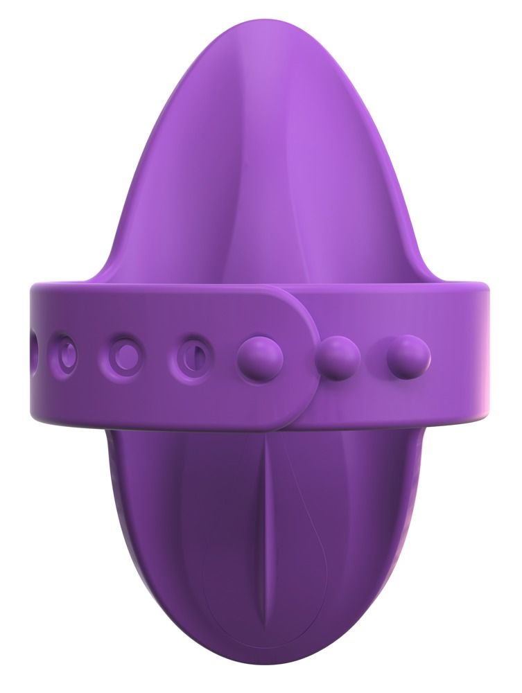 Lila Finger-Vibrator mit Noppen und verstellbarem Band, Draufsicht.