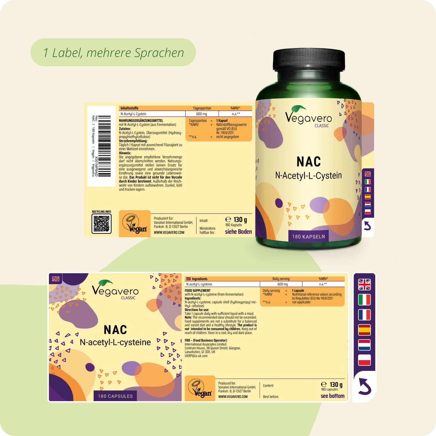 Veggavero NAC Dose und Etiketten mit mehrsprachigen Informationen.