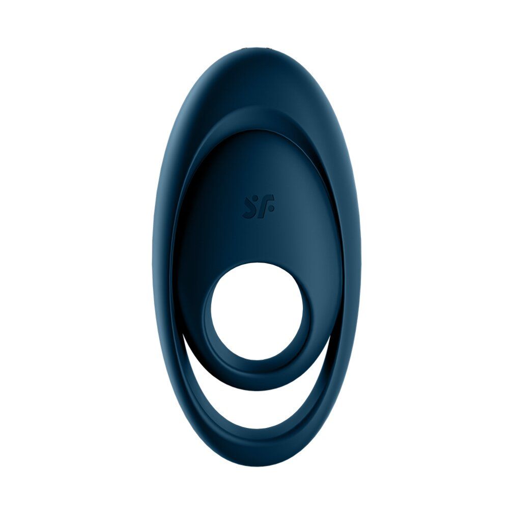 Blauer Duo-Ring-Vibrator. Ovale Form mit zwei Ringen und Logo. Draufsicht.