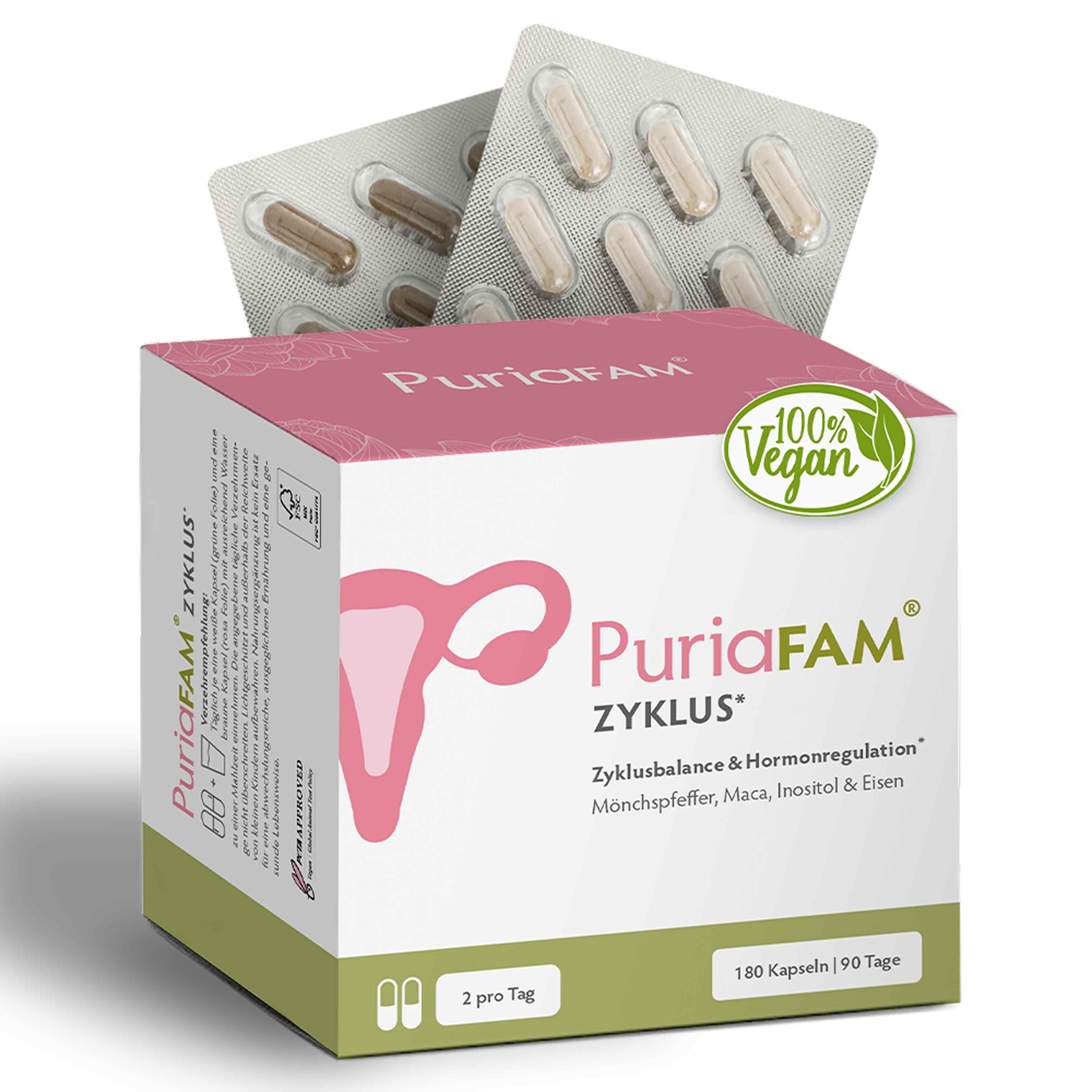 Packung PuriaFAM Zyklus mit Blisterpackungen. 180 Kapseln. 100% vegan. Text: Zyklusbalance & Hormonregulation.