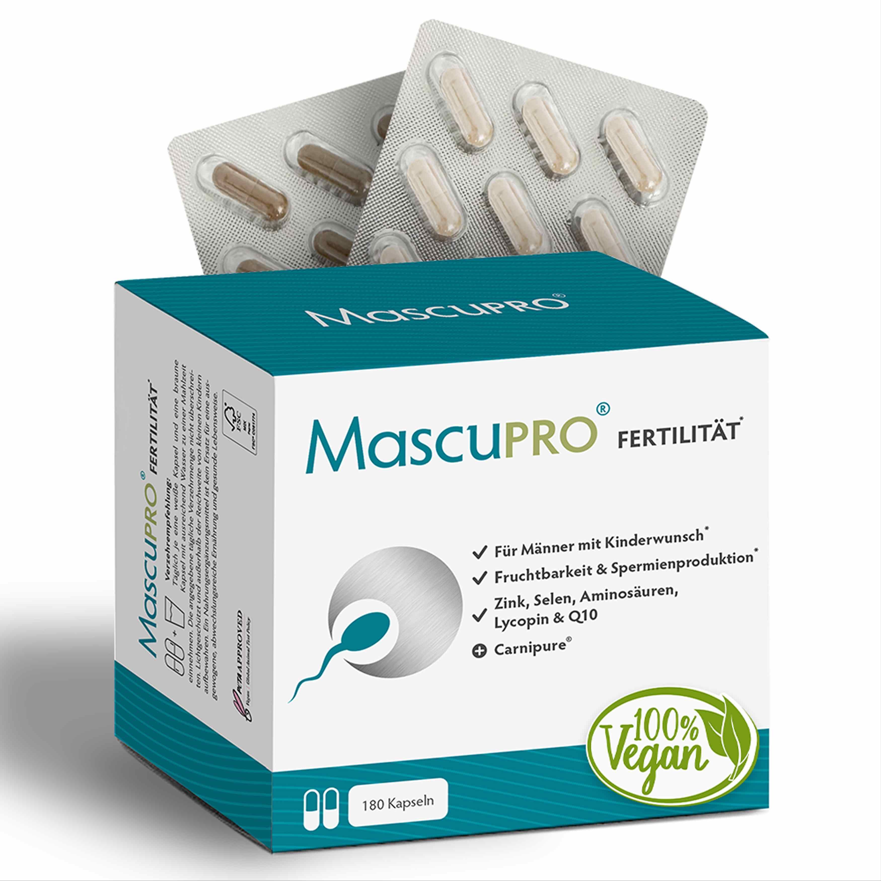 MascuPRO-Verpackung mit Kapseln. Text: Für Männer mit Kinderwunsch, Fruchtbarkeit, Zink, Selen, Aminosäuren, Lycopin & Q10. 100% Vegan.