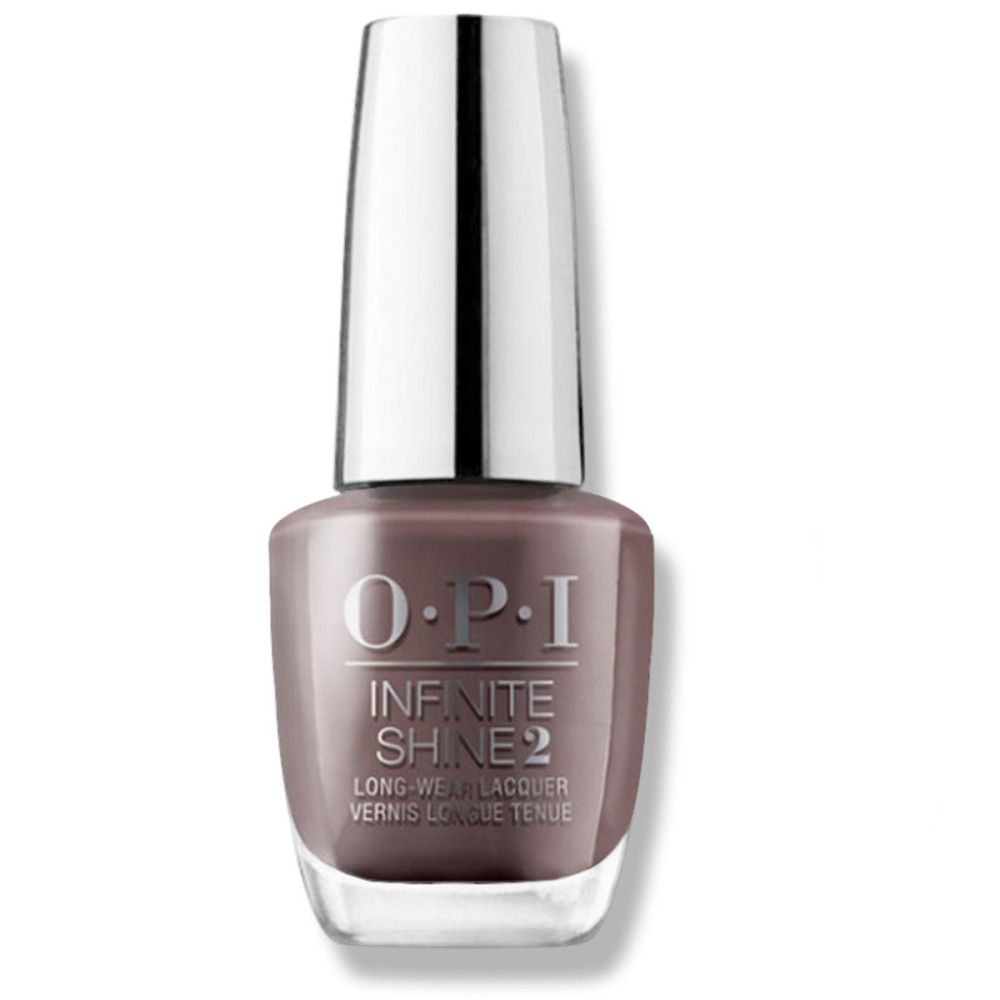 Nagellackflasche mit silbernem Deckel. OPI Infinite Shine 2-Logo. Farbton: Braun-Grau.