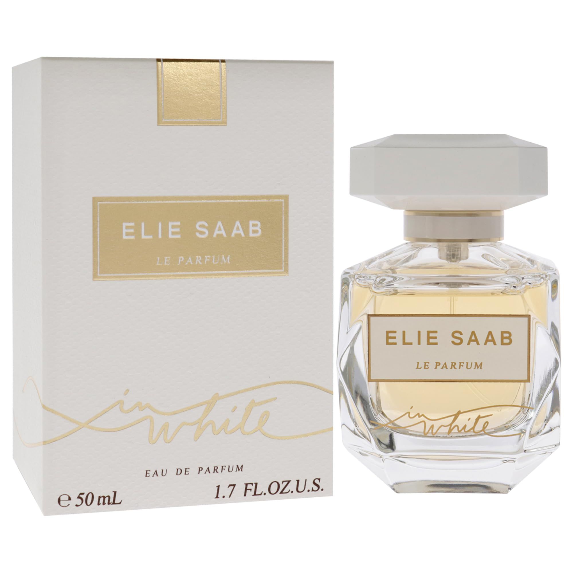 Parfümflakon und Verpackung. Aufschrift: Elie Saab Le Parfum In White. Flakon mit weißem Deckel.