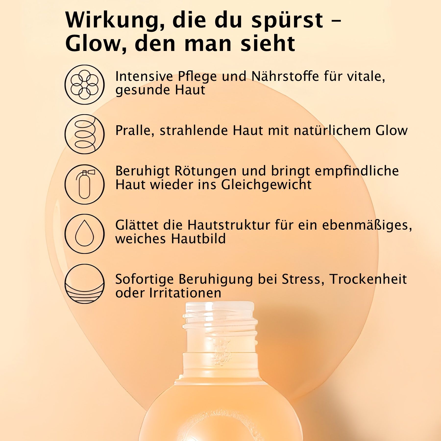 Grafik mit Icons und Text. Beschreibt Vorteile des Produkts: Pflege, strahlende Haut, Beruhigung, glatte Haut, Linderung.