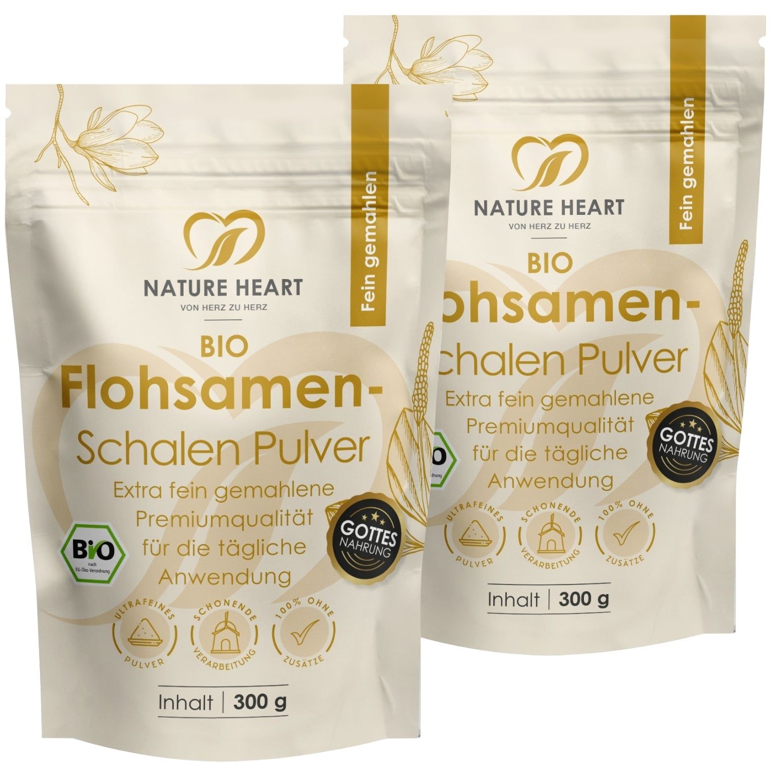 Nature Heart BIO Flohsamenschalen Pulver, 300g Packung.