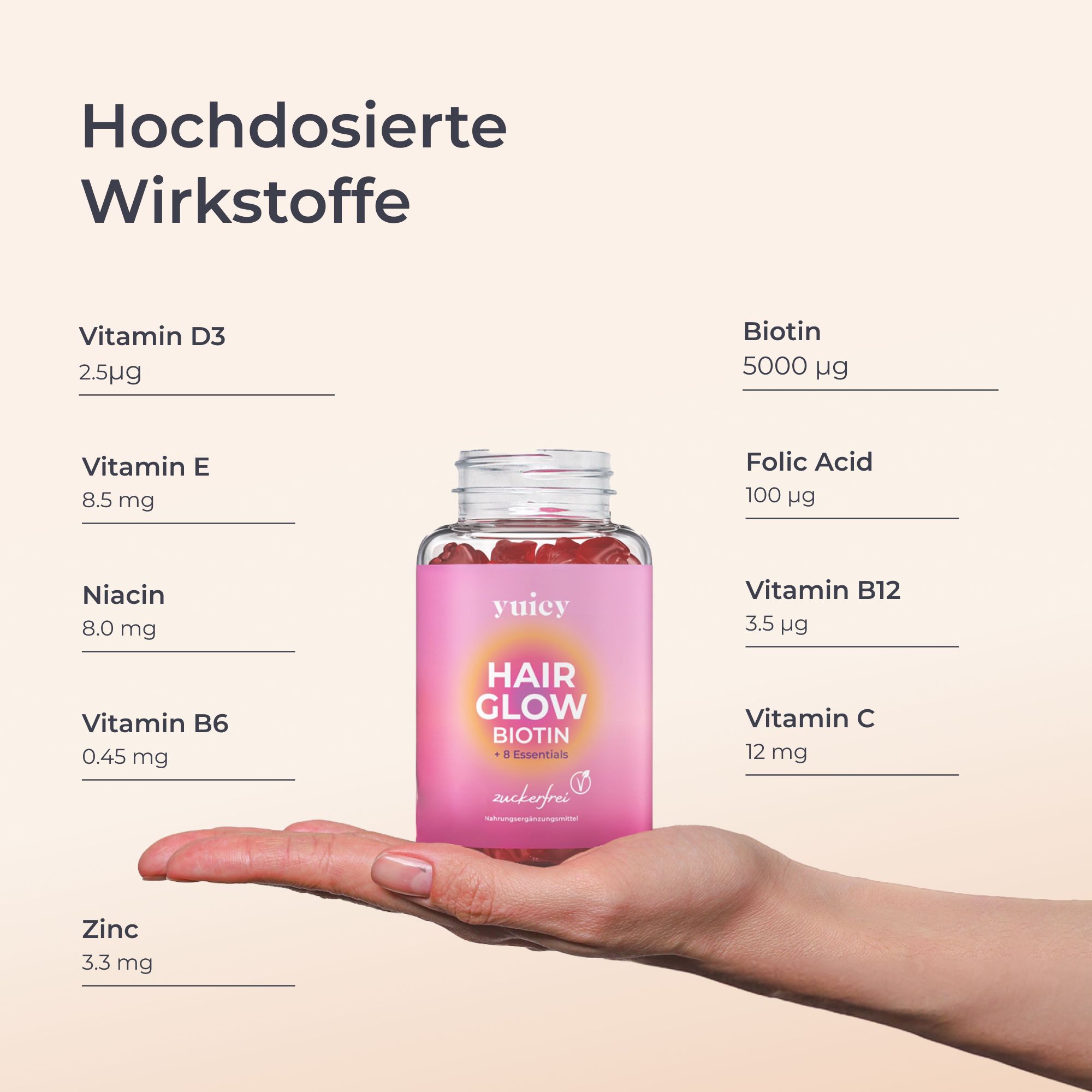 Hand hält yuicy® Hair Glow Biotin. Inhaltsstoffe: Vitamin D3, E, Niacin, B6, Zink, Biotin, Folsäure, B12, C. Dosierungen.