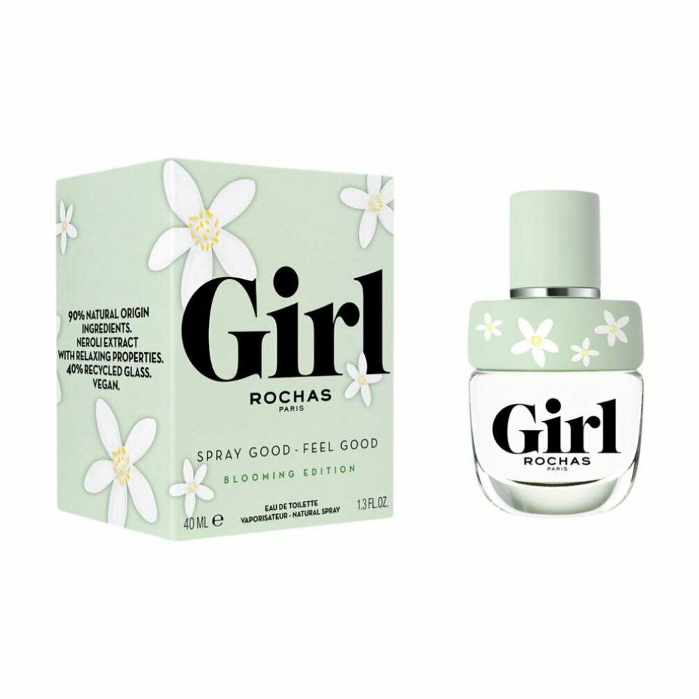 Parfümflakon und Schachtel. Schachtel mit "Girl"-Schriftzug, floralem Design und Text. Flakon mit floralem Design.