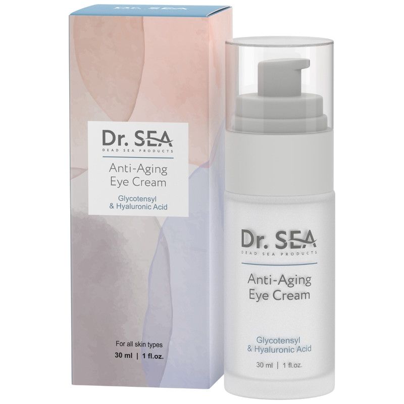 Augencreme-Flakon mit Spender und Faltschachtel. Aufschrift: Dr. SEA, Anti-Aging Eye Cream, Glycotensyl & Hyaluronsäure.
