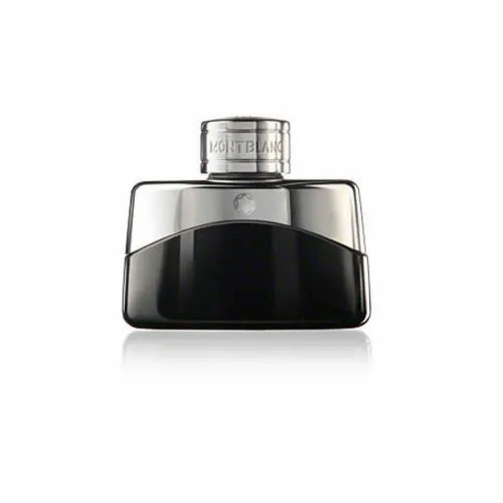Montblanc Legend Eau de Toilette Flakon, schwarz mit silbernem Akzent und Deckel.