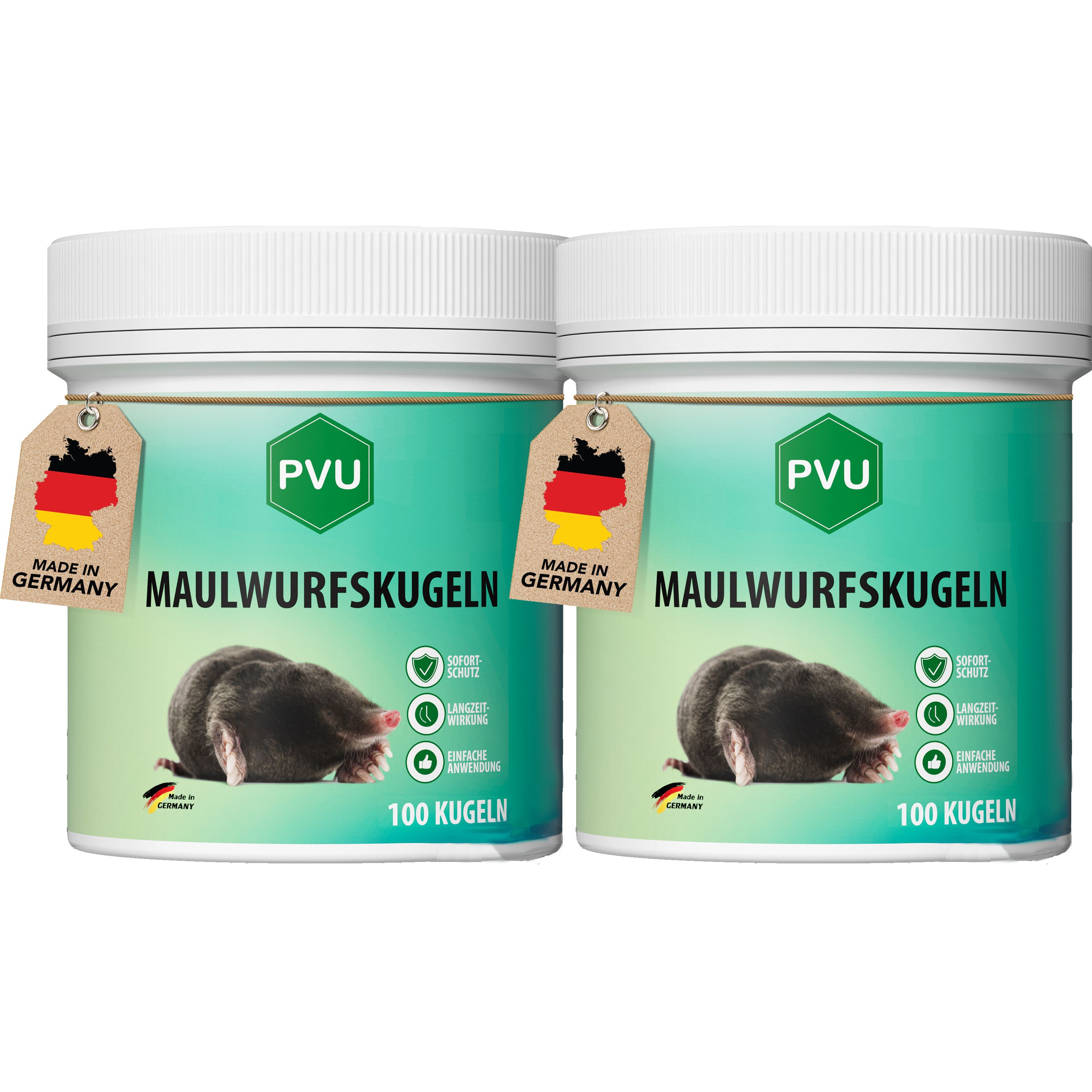 Zwei weiße Behälter mit grünem Etikett. Aufschrift: MAULWURFSKUGELN. Anhänger mit deutscher Flagge.