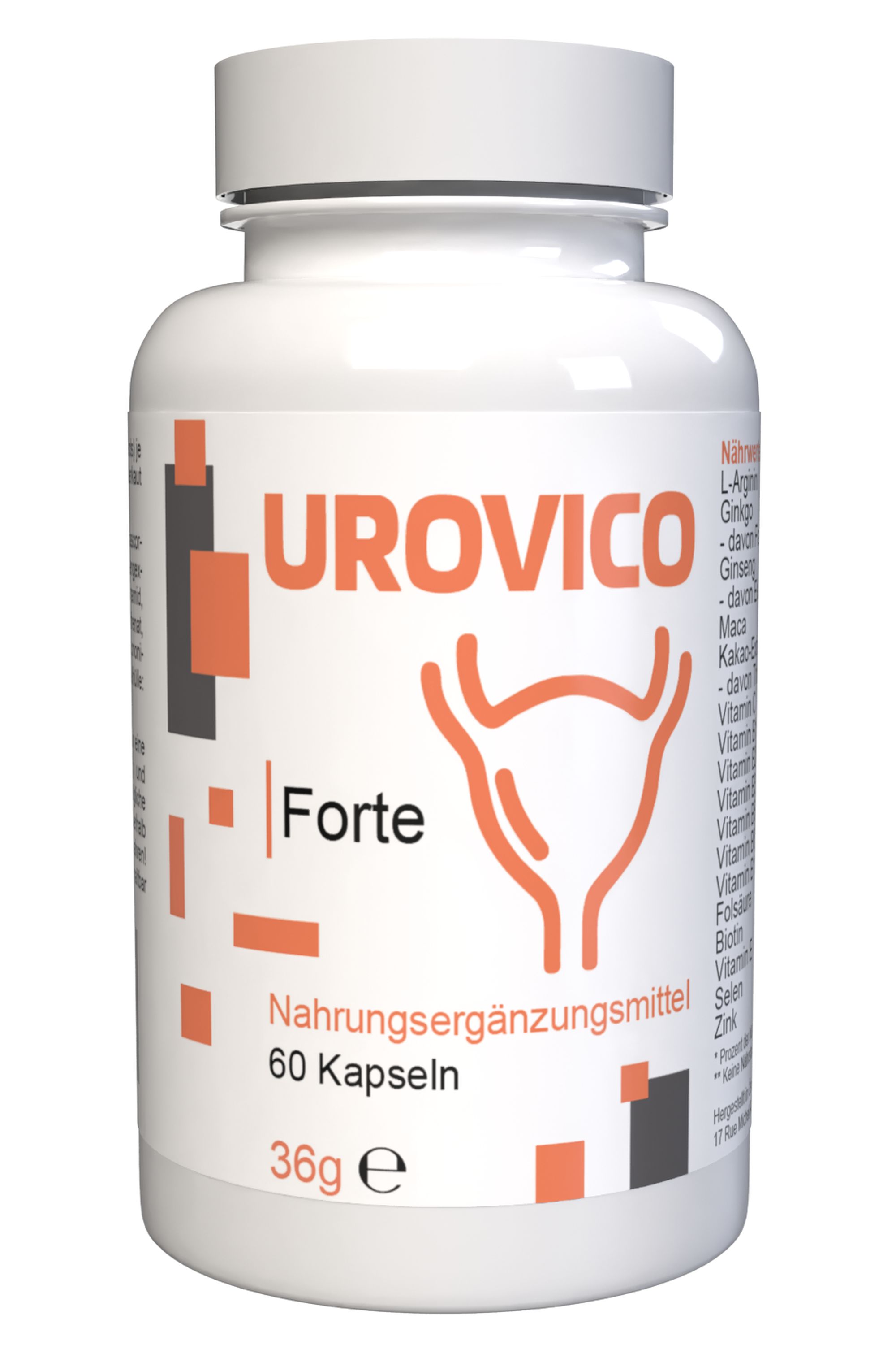 Weiße Kapsel-Dose mit Etikett. UROVICO Forte, orangefarbene Illustration der Blase. 60 Kapseln, 36g. Nahrungsergänzungsmittel.