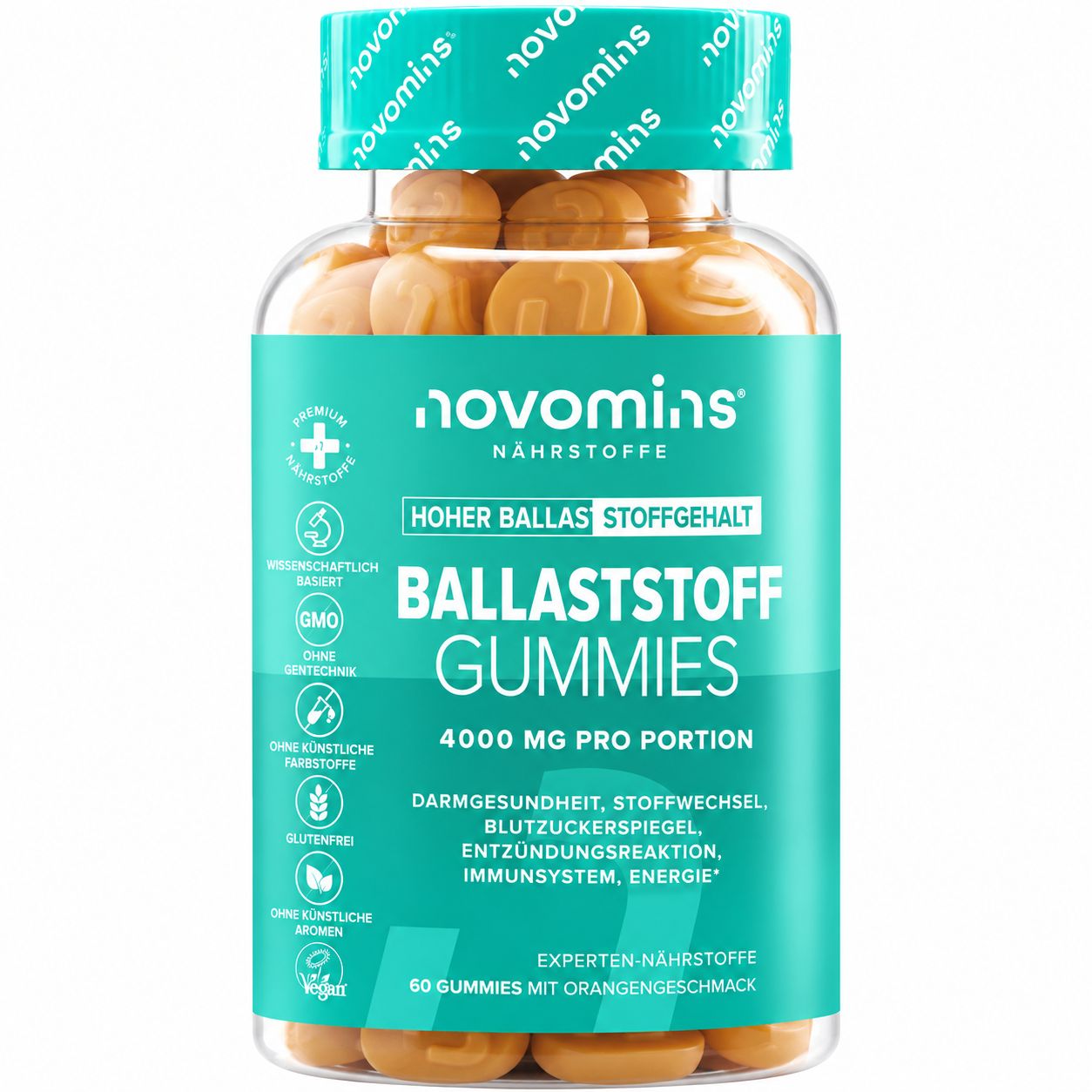 Novomins Ballaststoff Gummis, 4000mg pro Portion, 60 Stück.