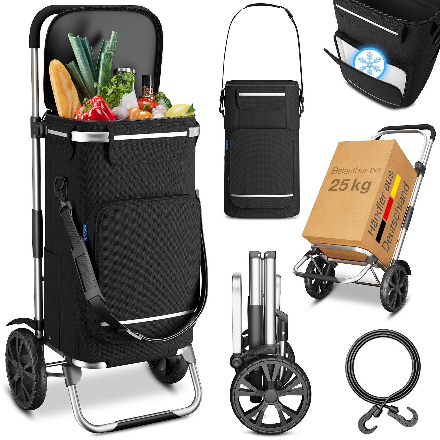 Schwarzer Einkaufstrolley mit Lebensmitteln gefüllt. Kühltasche, Spanngurt und zusammengeklappte Ansicht. Räder und Griff.