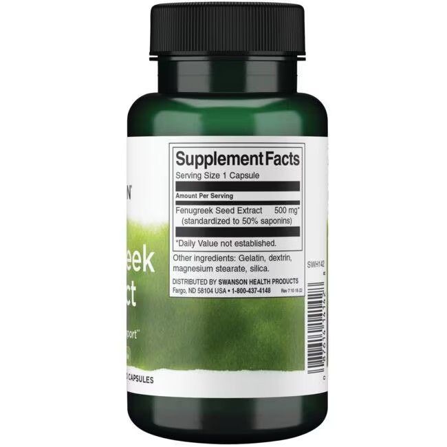 Rückseite der grünen Flasche. Weißes Etikett mit Nährwertangaben. Enthält Bockshornklee-Samen-Extrakt.