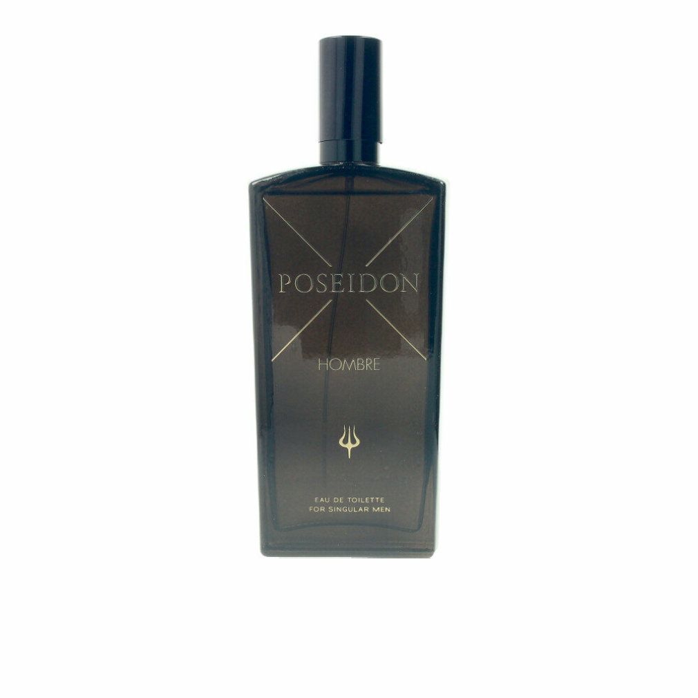 Dunkle Flasche mit Aufschrift POSEIDON, HOMBRE und Dreizack. Schwarzer Verschluss. Rechteckige Form.