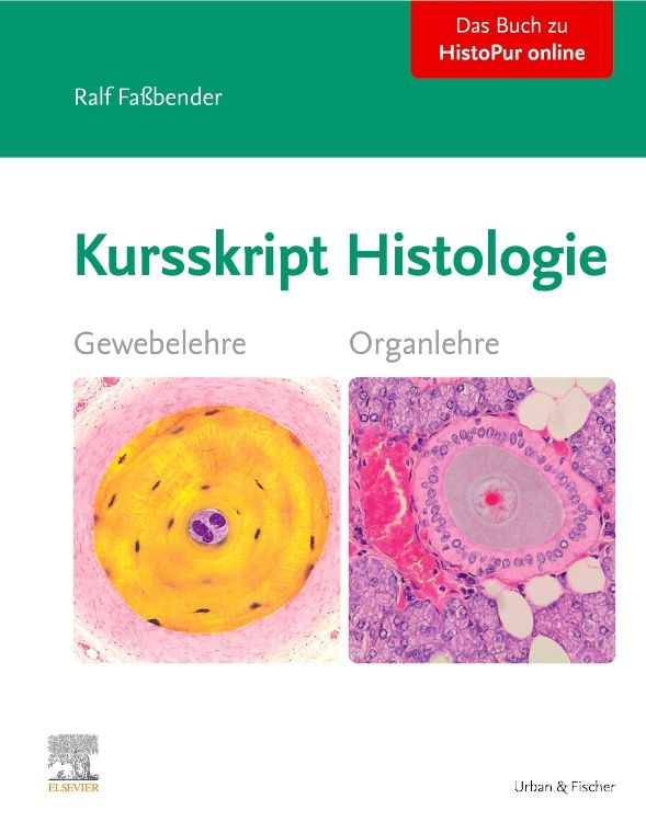 Buchcover mit Titel „Kursskript Histologie“. Autor: Ralf Faßbender. Verlag Urban & Fischer. Abbildungen von Gewebe und Organen.