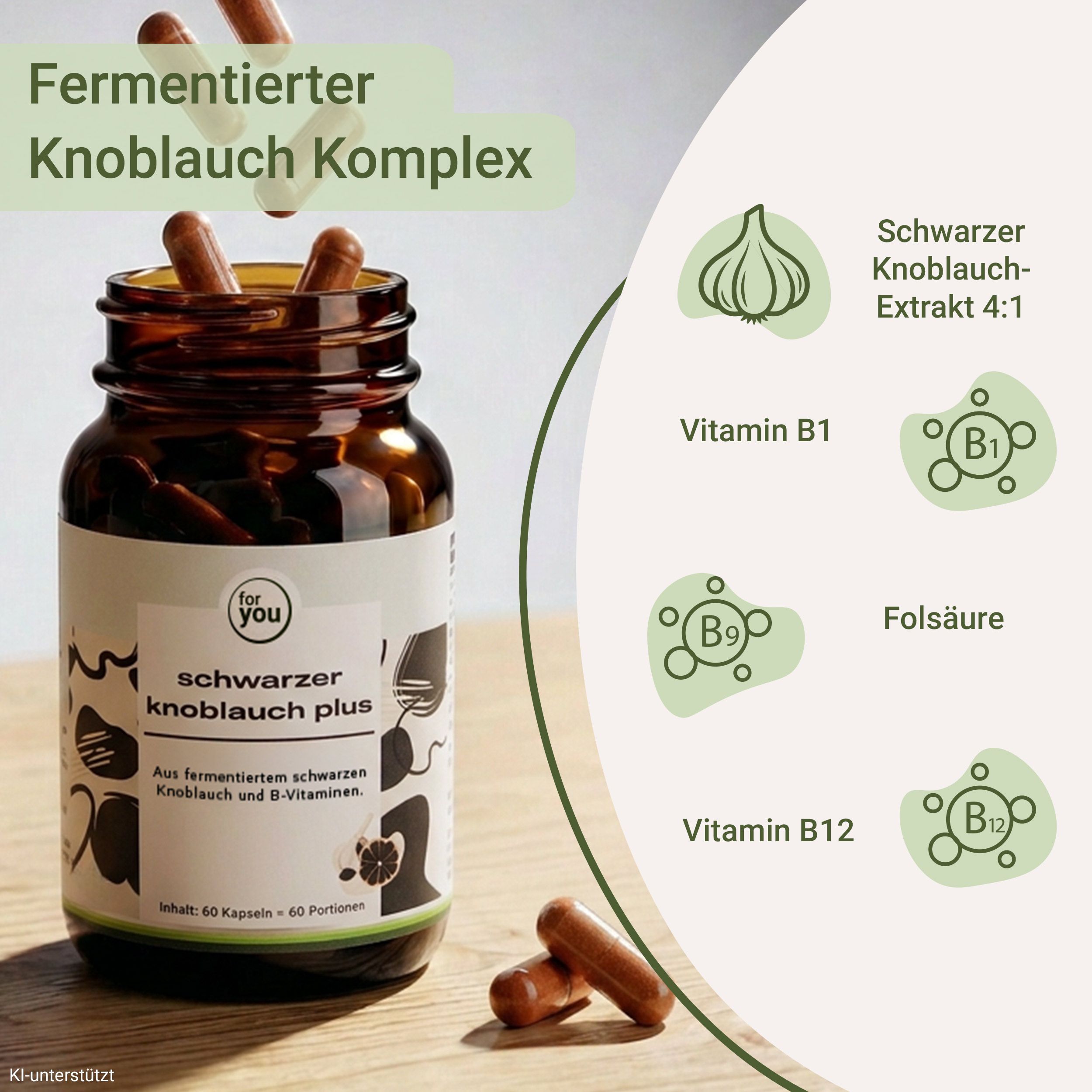 Eine braune Glasflasche mit Kapseln. Icons zeigen Knoblauch-Extrakt 4:1, Vitamin B1, Folsäure, Vitamin B12.