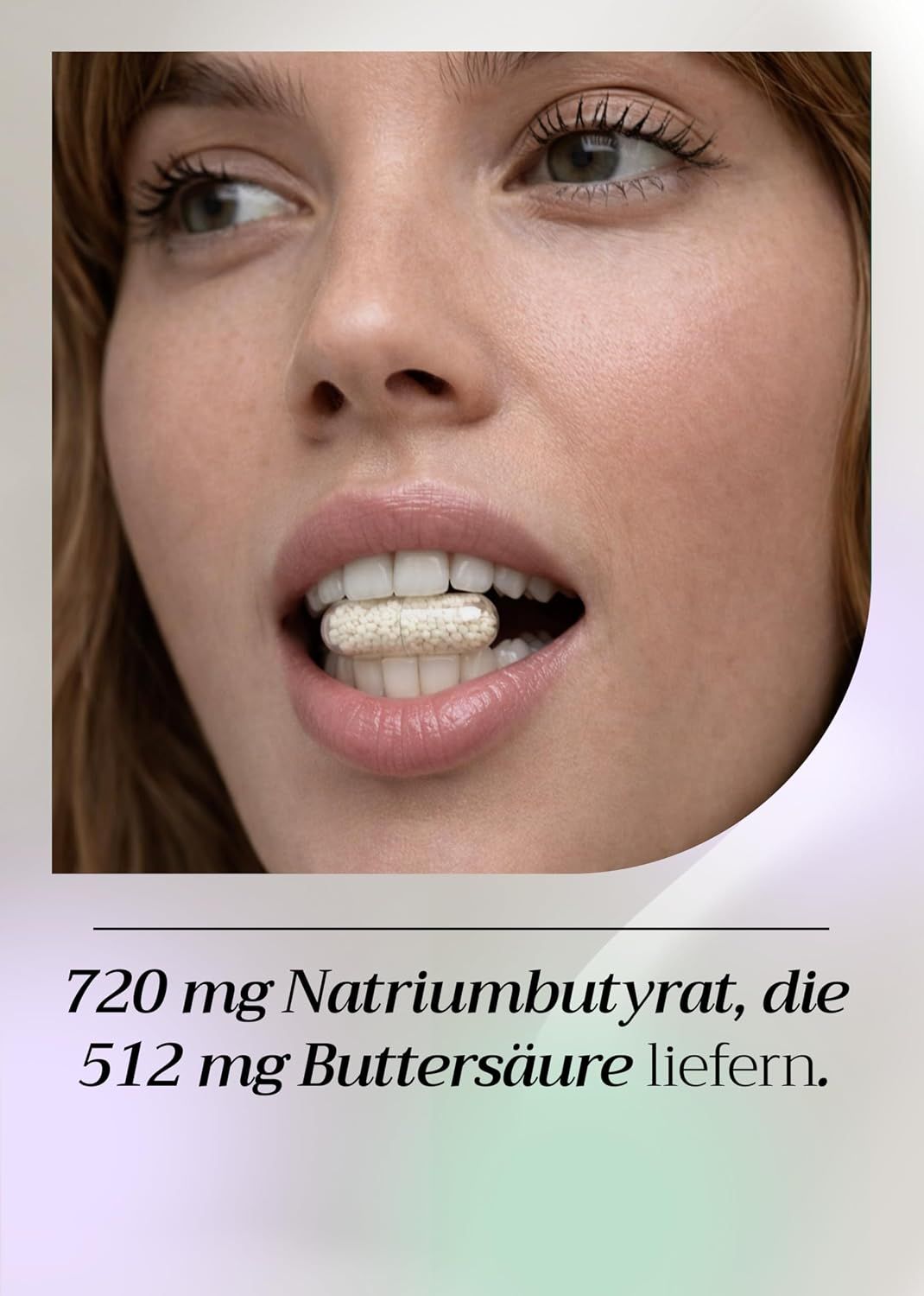 Weiße Flasche mit "Natrium Butyrat 720 mg" Aufschrift, 100 vegane Kapseln.
