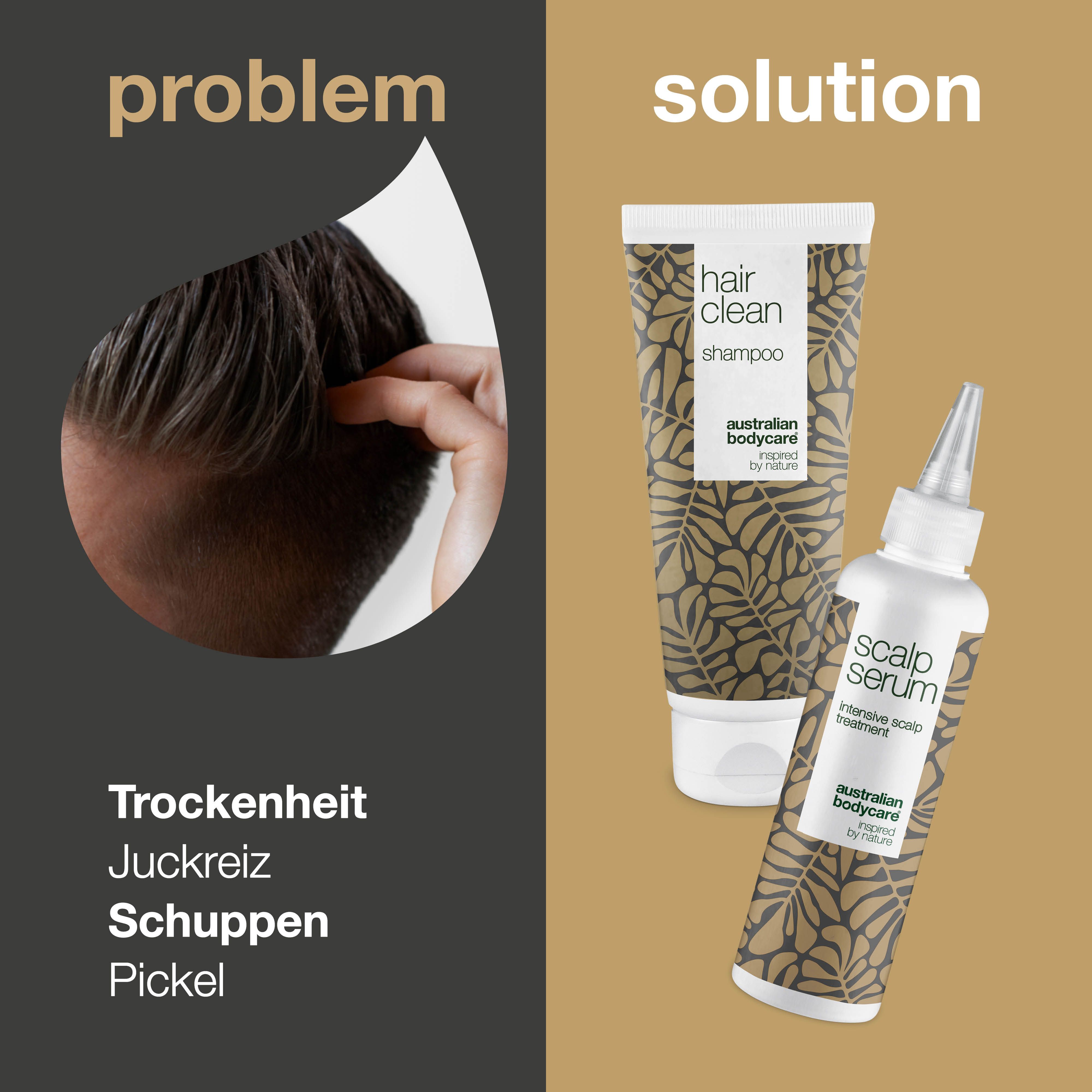 Problem: Trockenheit, Juckreiz, Schuppen, Pickel. Lösung: Shampoo und Kopfhautserum. Marke: Australian Bodycare.