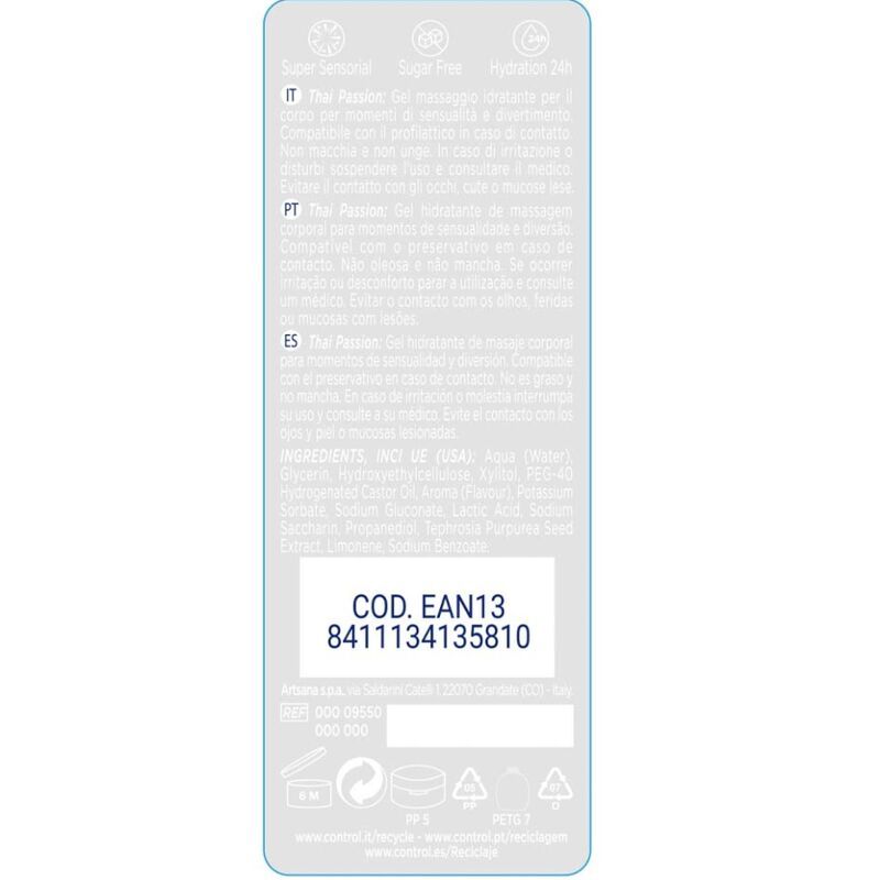Produktetikett mit Text in mehreren Sprachen. Enthält Informationen zu Inhaltsstoffen und Zertifizierungen. EAN-Code sichtbar.