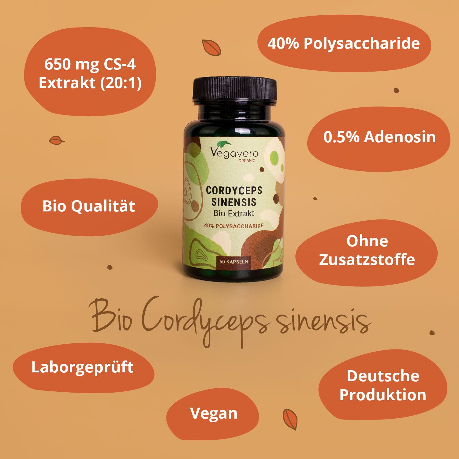 Flasche Cordyceps Sinensis Bio Extrakt. Text: 650 mg CS-4 Extrakt, 40% Polysaccharide, 0,5% Adenosin. Weitere Texte: Bio Qualität, Ohne Zusatzstoffe.