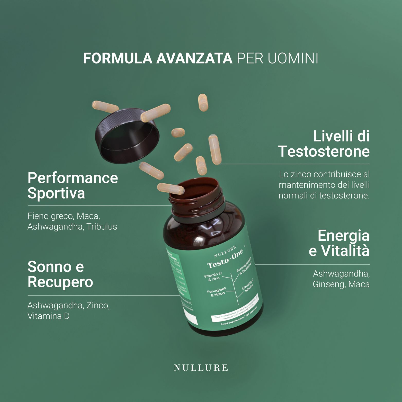 Kapseln und Flasche mit Inhaltsstoffen für Sport und Vitalität.