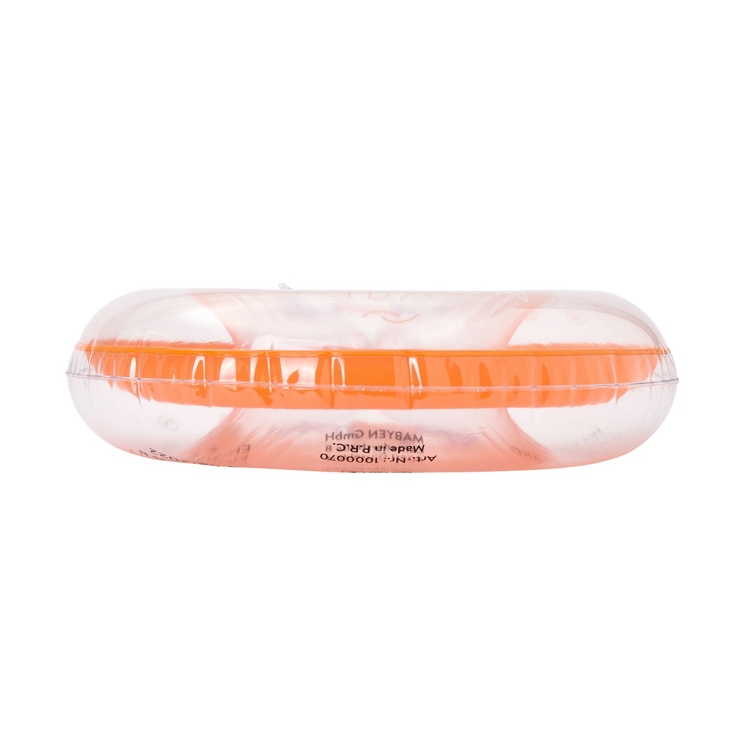 Baby-Schwimmring von unten gesehen. Orangefarben mit transparentem Rand. Aufdruck: MABYEN, Made in P.R.C.