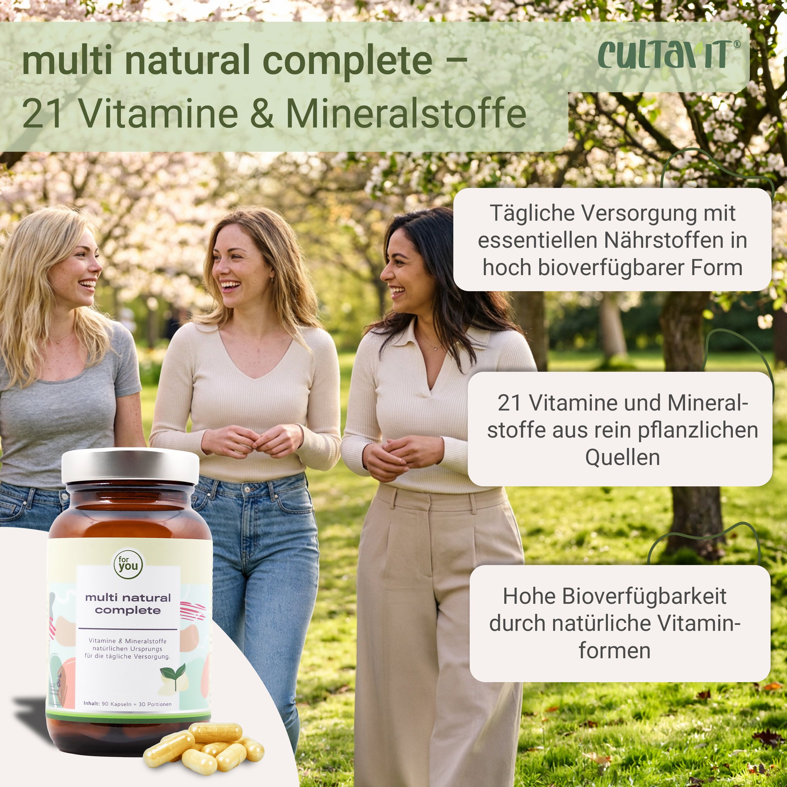 Drei Frauen im Freien, eine Flasche 'multi natural complete' im Vordergrund, Infoboxen mit Text.