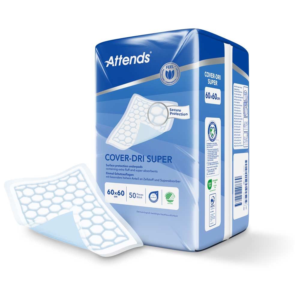 Attends Cover-Dri Super. 60x60 cm. Verpackung mit 50 Stück. Unterlage teilweise sichtbar. Blaue und weiße Verpackung.