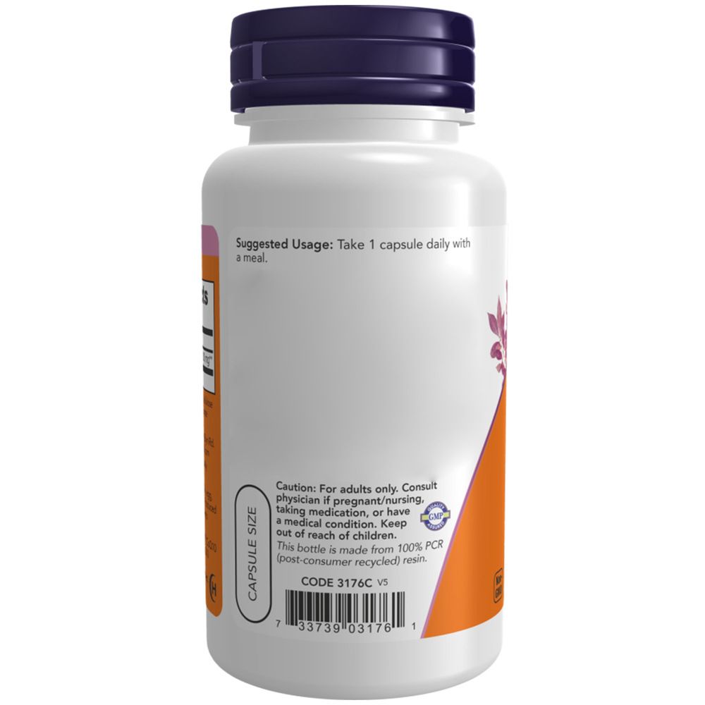 Rückseite der Flasche. Text über empfohlene Anwendung. Warnhinweise. Code und Recycling-Logo. Flasche aus recyceltem Material.