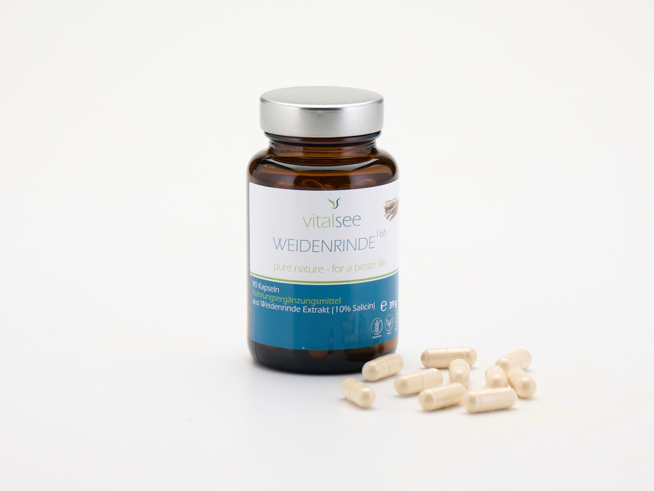 Braune Glasflasche mit silbernem Deckel und Kapseln daneben. Produktname und Logo auf dem Etikett.