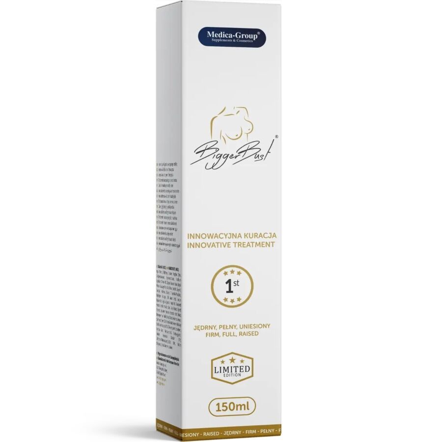 Medica Group Brust-Serum: Weiße Kartonverpackung mit Brust-Symbol und "Bigger Bust" Schriftzug. 150ml.