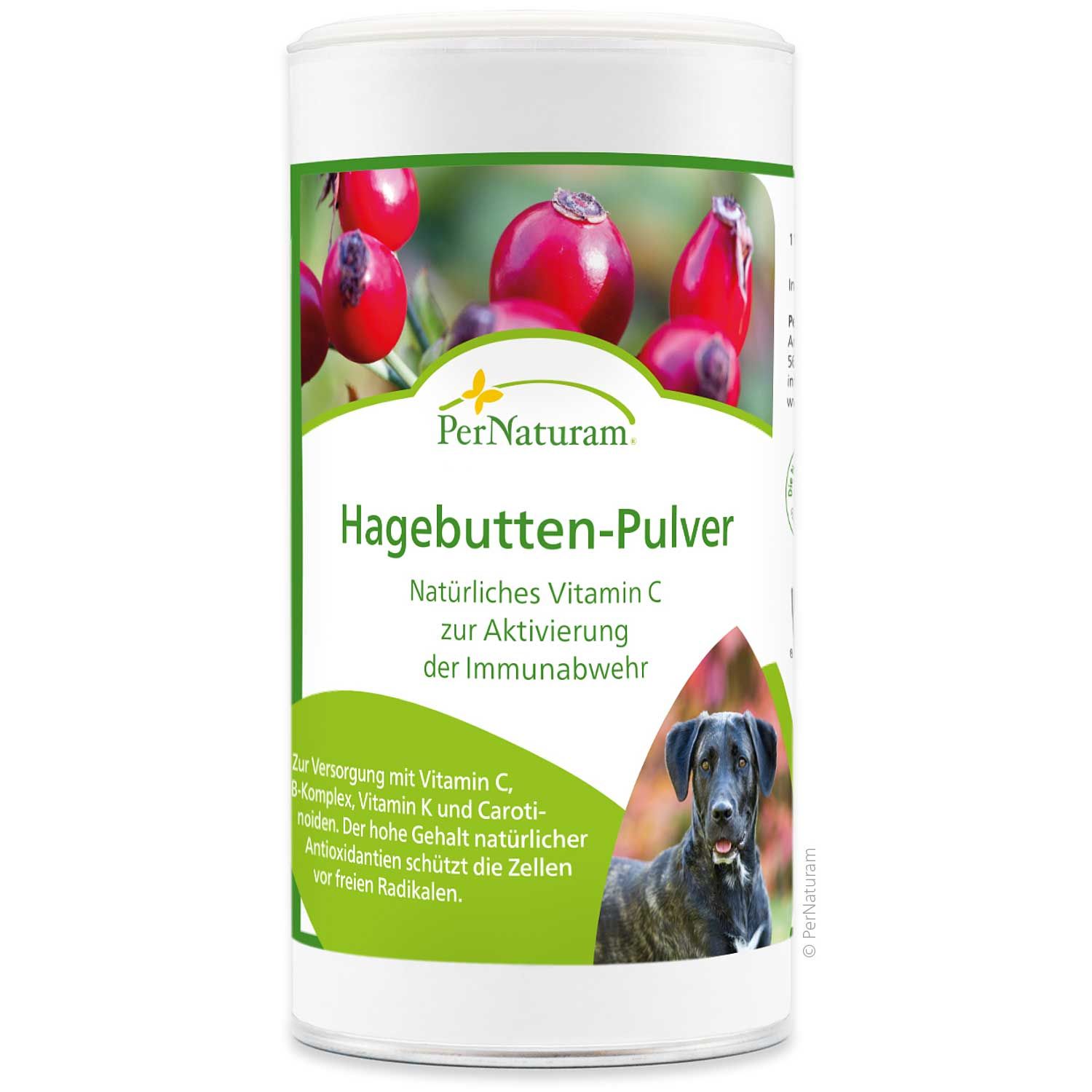 Zylindrische Dose Hagebutten-Pulver mit Deckel. Aufschrift: PerNaturam Hagebutten-Pulver, natürliches Vitamin C zur Aktivierung der Immunabwehr.