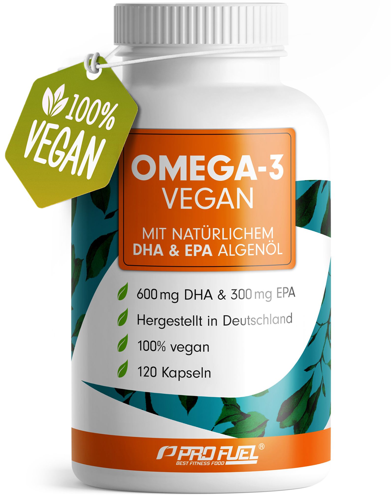 Weiße Flasche mit orangefarbenem Etikett. Aufschrift: OMEGA-3 VEGAN, 100% vegan. Grüne Anhänger-Etikett mit Aufschrift: 100% VEGAN.
