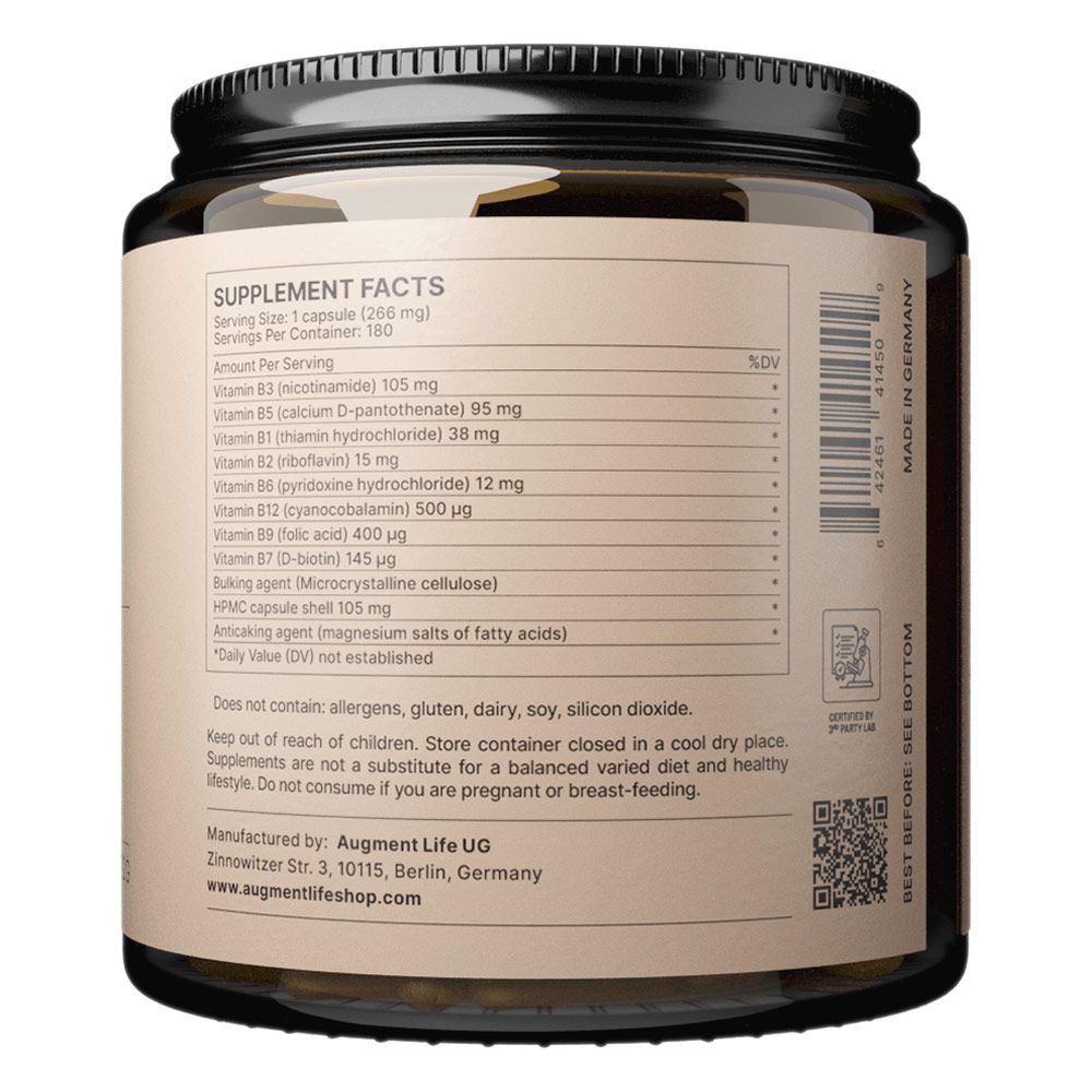 Nahrungsergänzungsmittel-Etikett mit Vitamin- und Inhaltsstoffangaben, Herstellerinformationen und Barcode.