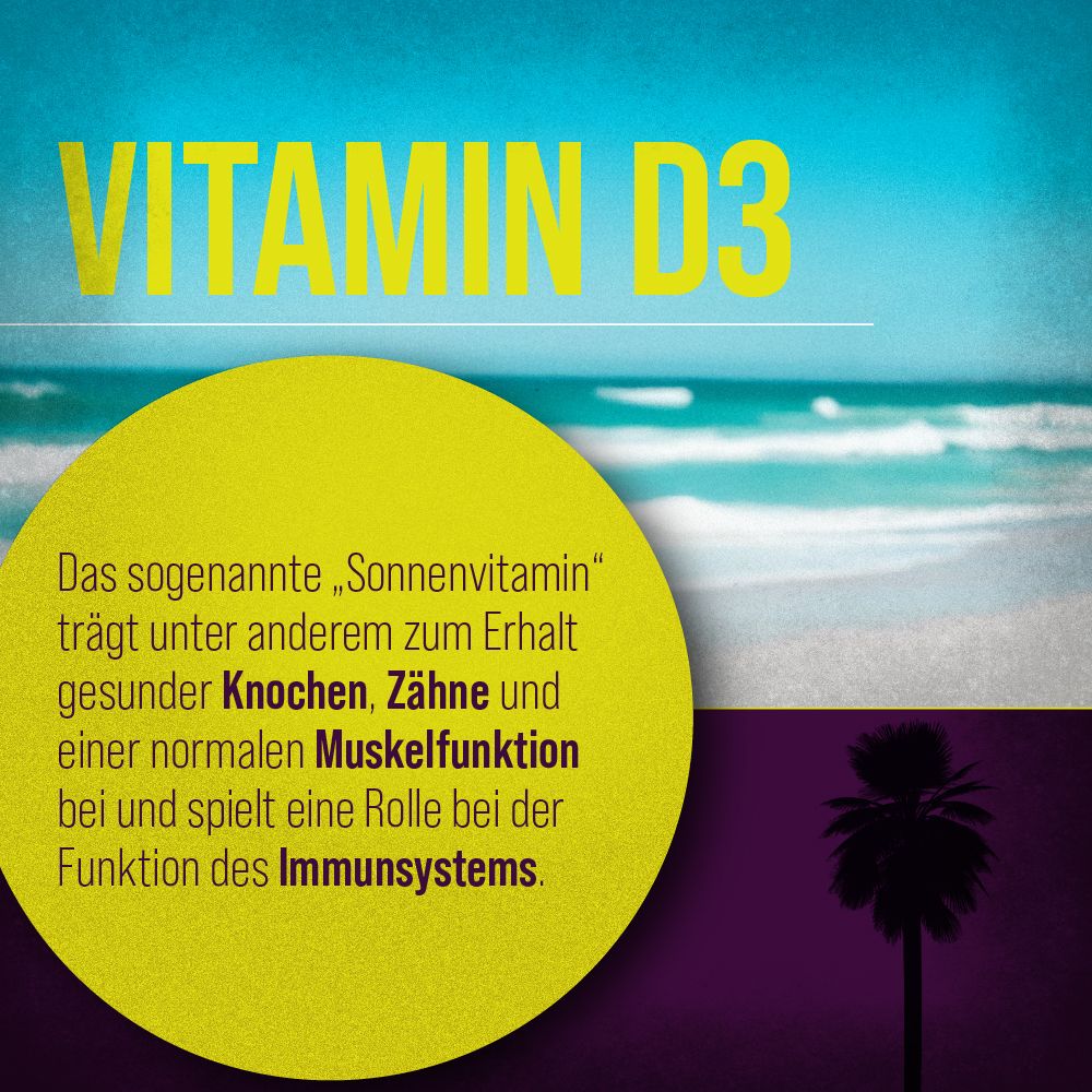 Grafik mit Text: Vitamin D3. Gelber Kreis mit Text über die Wirkung von Vitamin D auf Knochen, Zähne und Muskeln. Hintergrund: Strand.