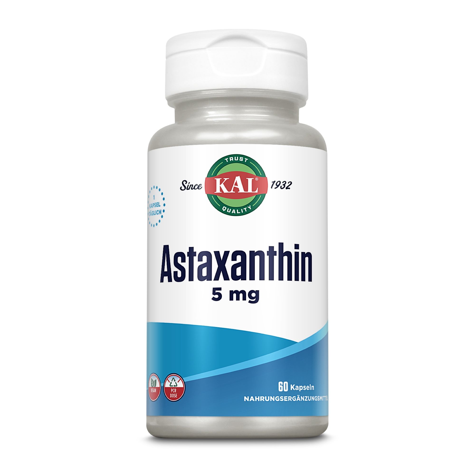 Eine Flasche Astaxanthin 5 mg mit 60 Kapseln. Auf der Flasche steht KAL. Die Flasche ist weiß mit blauem Etikett.