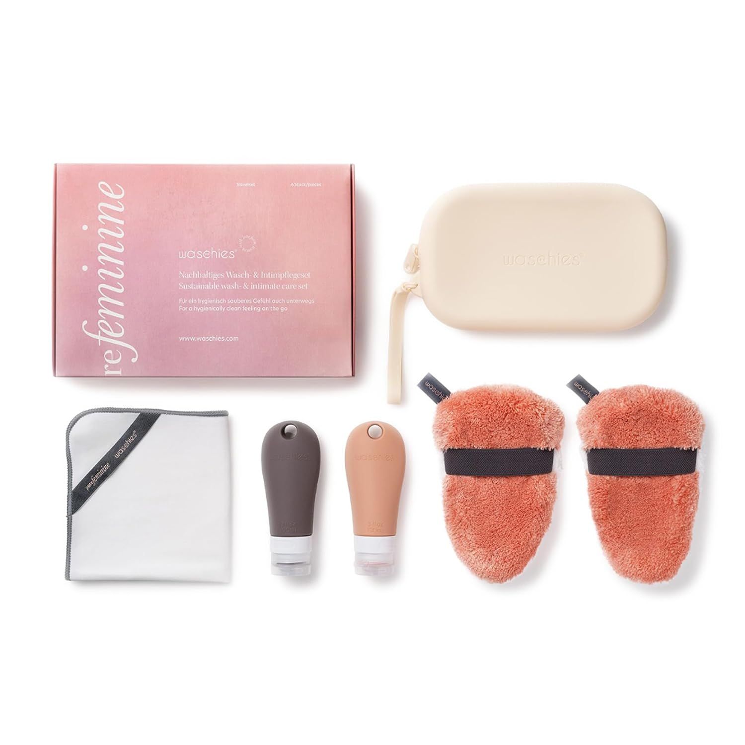 Produkt-Set: Box, Tasche, Tuch, Fläschchen, Pads. Text: waschies pureFeminine Intimpflegeset.