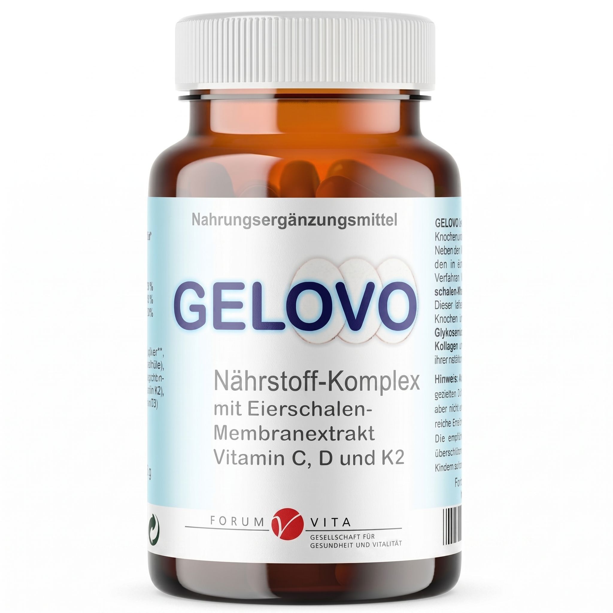 Braune Flasche mit Kapseln. Aufschrift: GELOVO, Nahrungsergänzungsmittel. Enthält Vitamin C, D und K2. Forum Vita Logo.