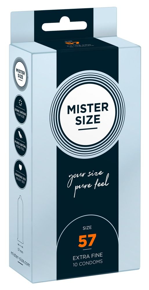 Kondomverpackung. MISTER SIZE, Größe 57, Extra Fine, 10 Kondome. Größenangaben auf der Seite. CE-Kennzeichnung.