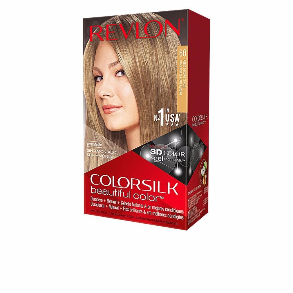 Schachtel mit Haarfarbe. Aufdruck: Revlon Colorsilk, 60 Dark Ash Blonde. Frau mit blondem Haar. Ohne Ammoniak.