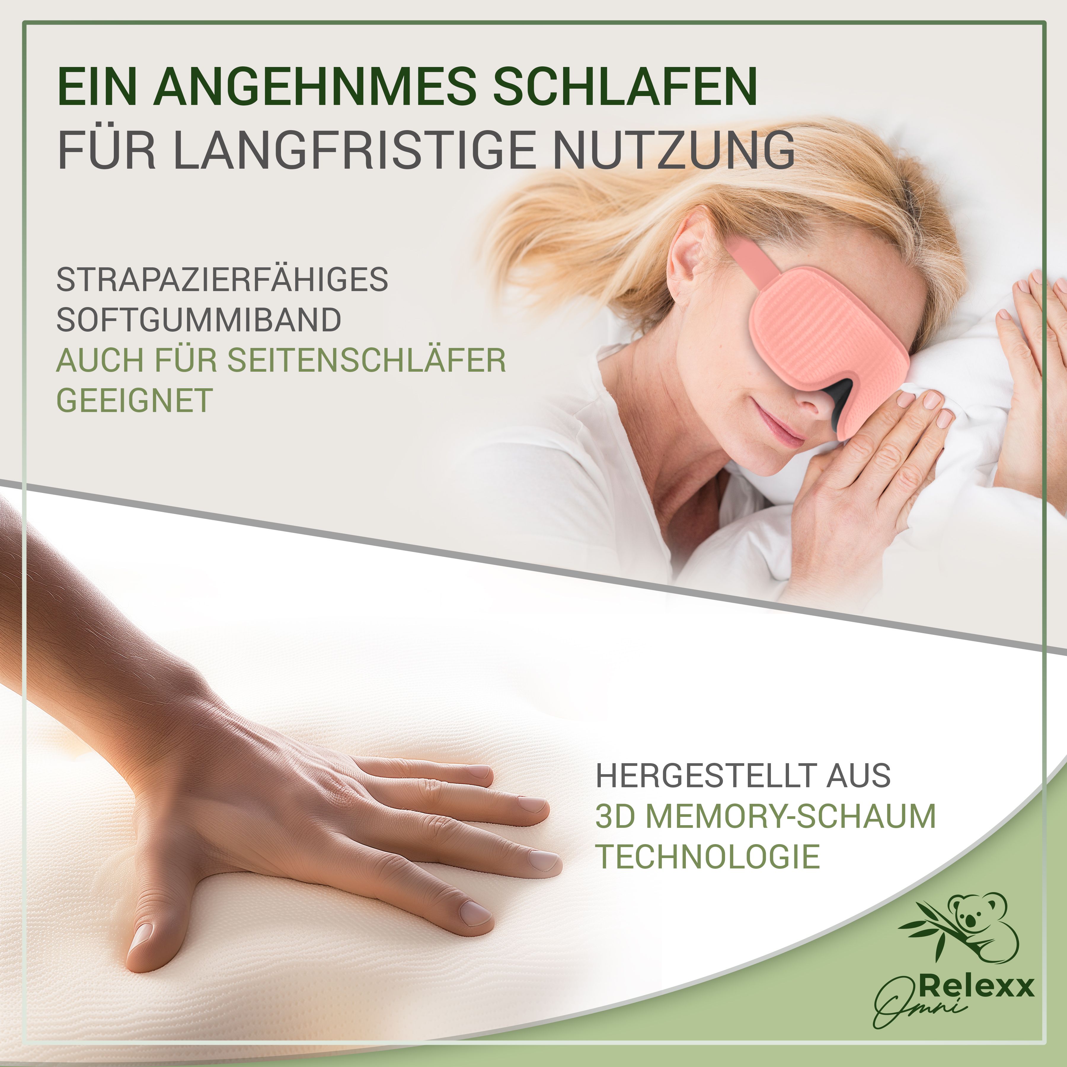 Frau mit Schlafmaske. Strapazierfähiges Softgummiband. 3D Memory-Schaum. Marke Relexx Omni.