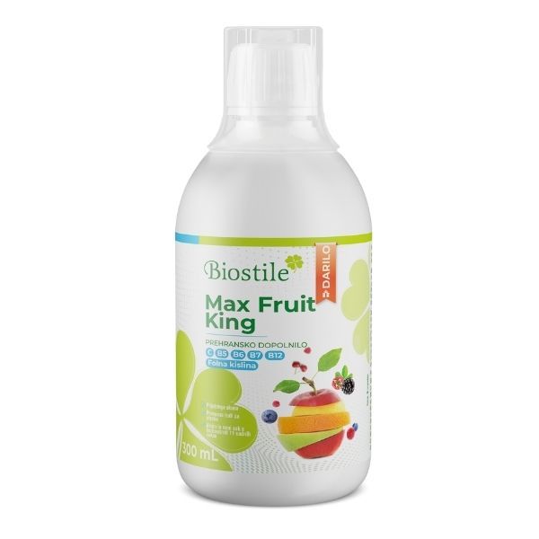 Weiße Flasche Biostile Max Fruit King, 500 ml, mit Frucht-Illustrationen.