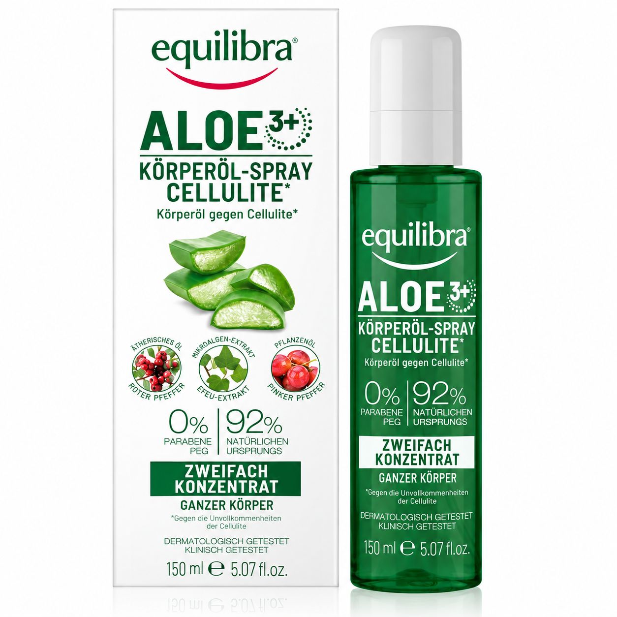 Flasche Equilibra Aloe 3+ Öl Spray Cellulite, 150 ml, mit Aloe Vera.