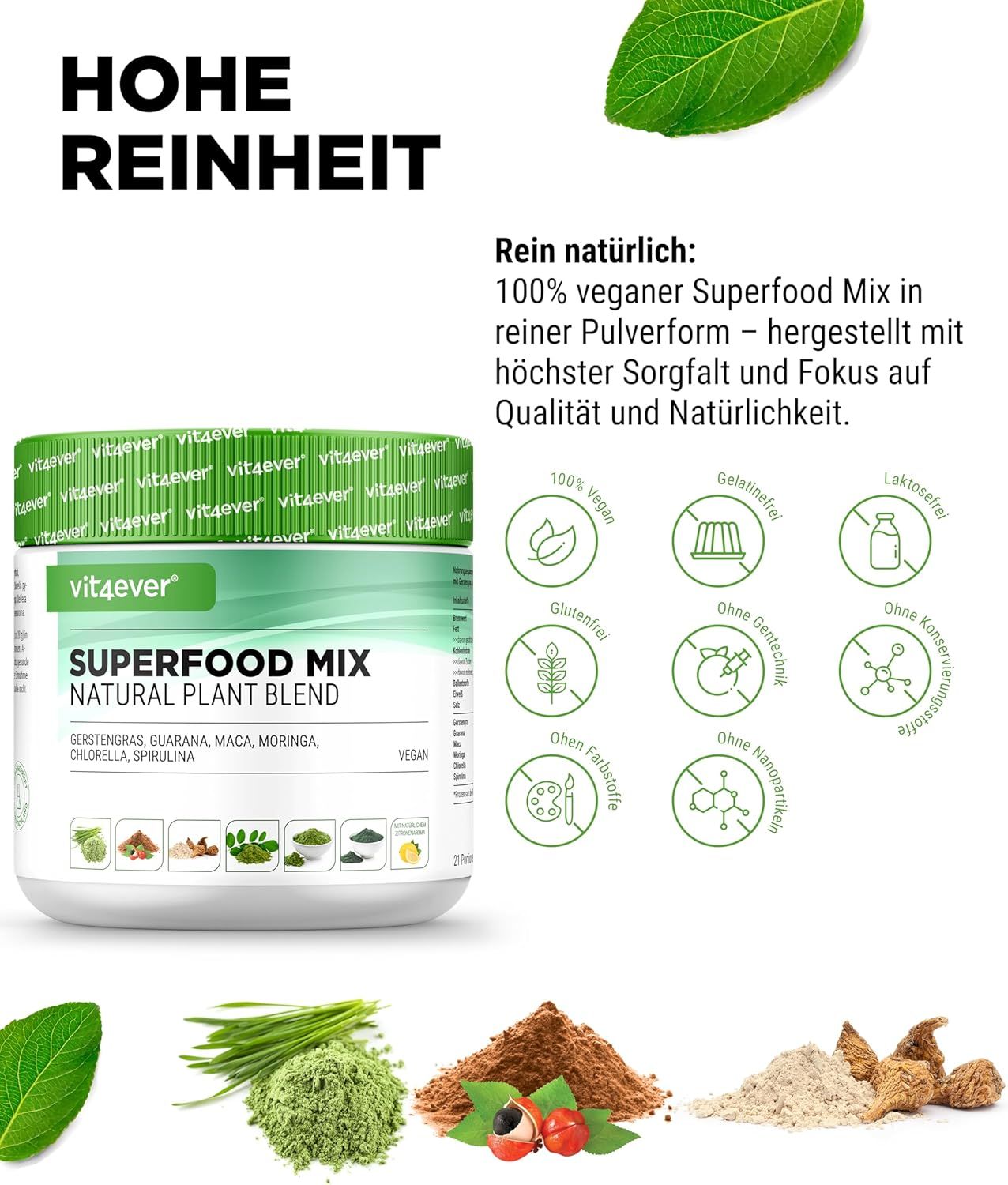 Produktglas mit Aufschrift: Superfood Mix Natural Plant Blend. Enthält Gerstengras, Guarana, Maca, Moringa, Chlorella, Spirulina. 100% vegan, glutenfrei, ohne Gentechnik.
