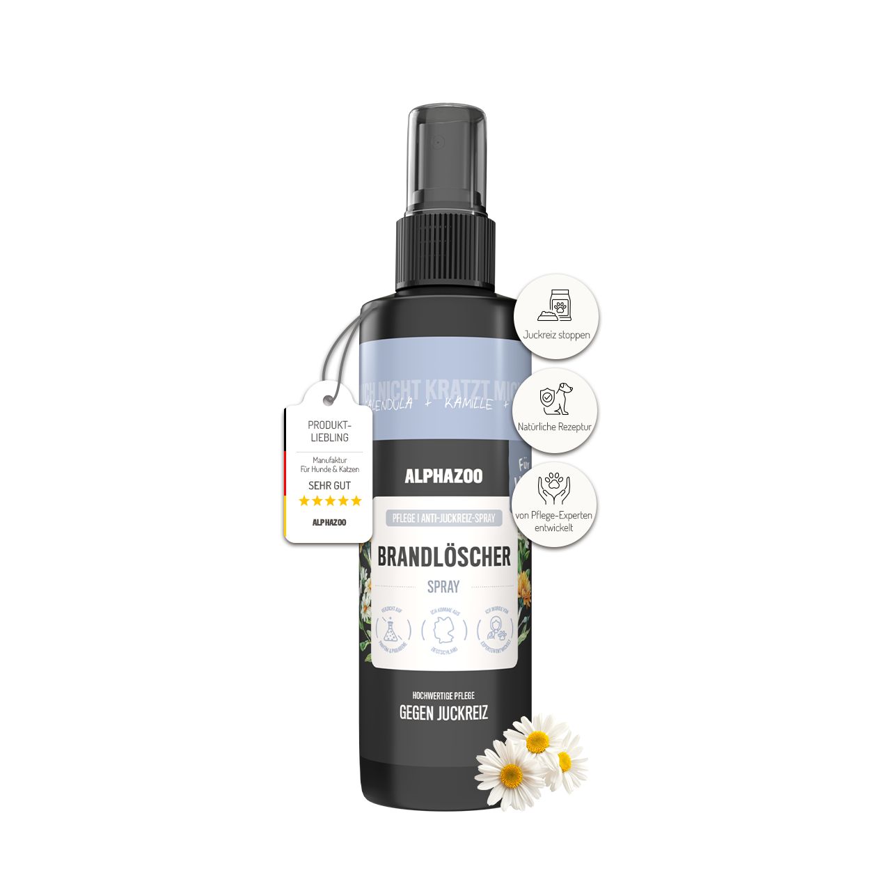 Schwarze Sprühflasche mit Etikett, Produktname und Kamillenblüten. Anhänger mit Bewertung.