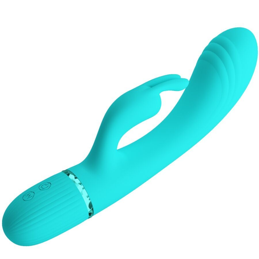 Türkiser Rabbit-Vibrator aus Silikon, schräg von vorne gezeigt, mit gebogener Form und zwei Stimulatoren.