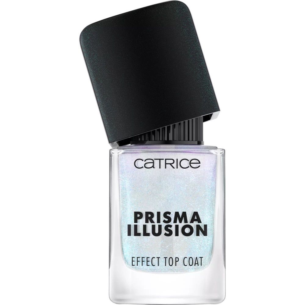 Catrice Prisma Illusion Effekt Top Coat. Flasche mit geöffnetem Deckel. Klarer Lack mit schimmerndem Effekt. Produktname deutlich sichtbar.